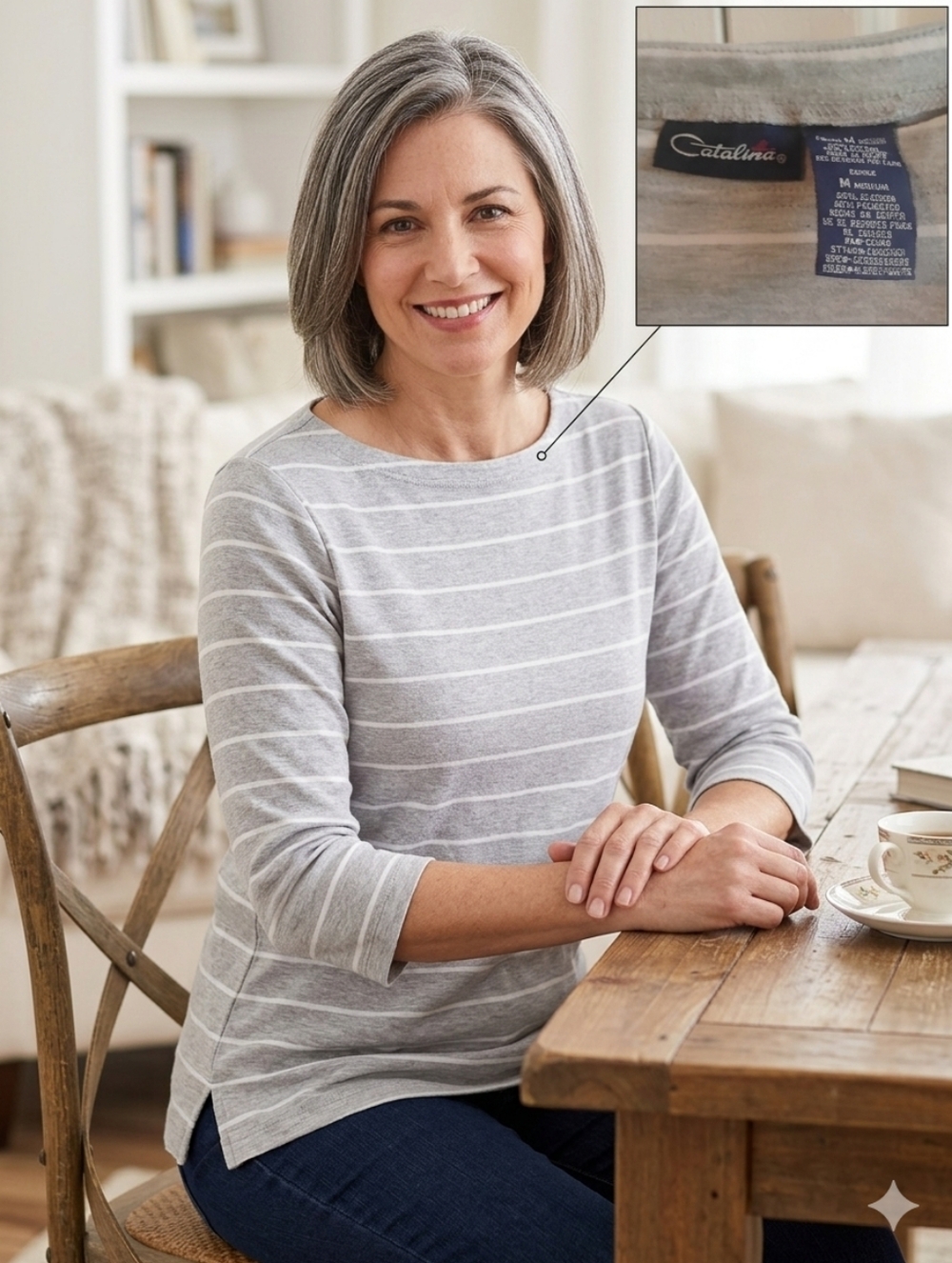 Catalina Women’s Grey & White Striped 3/4 Sleeve Boat Neck Top - Size Medium